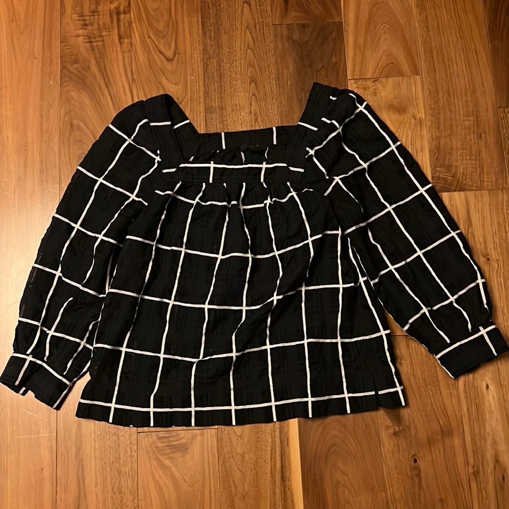 J crew navy and white plaid blouse